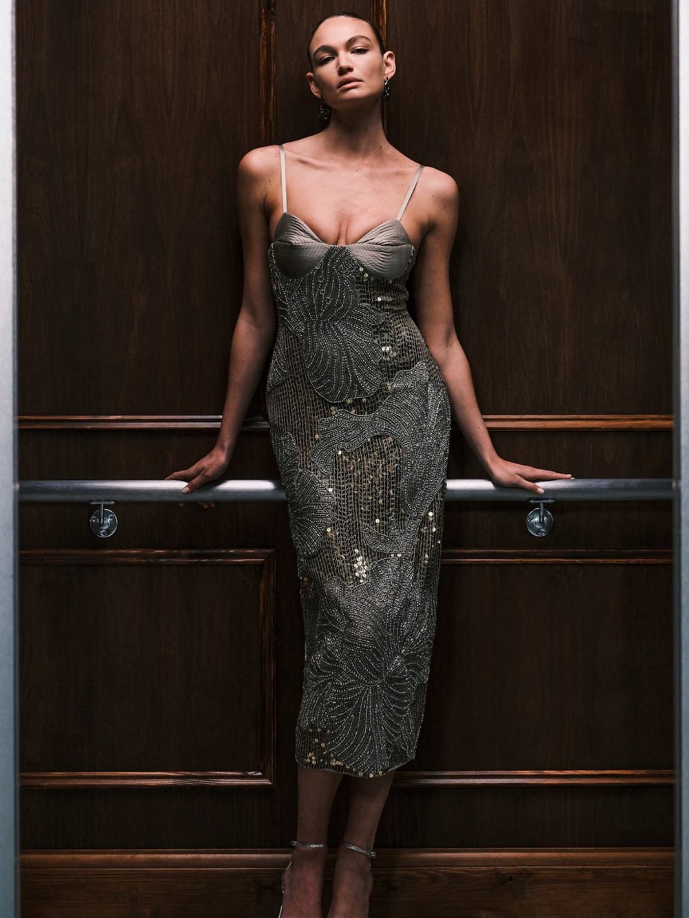 ASOS Metallic Olive-Green Sequin Midi Dress